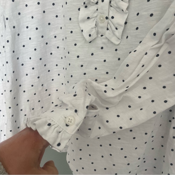 Boden Polka Dot Ruffle Front White Black Long Sleeve Jersey Top - Picture 7 of 12